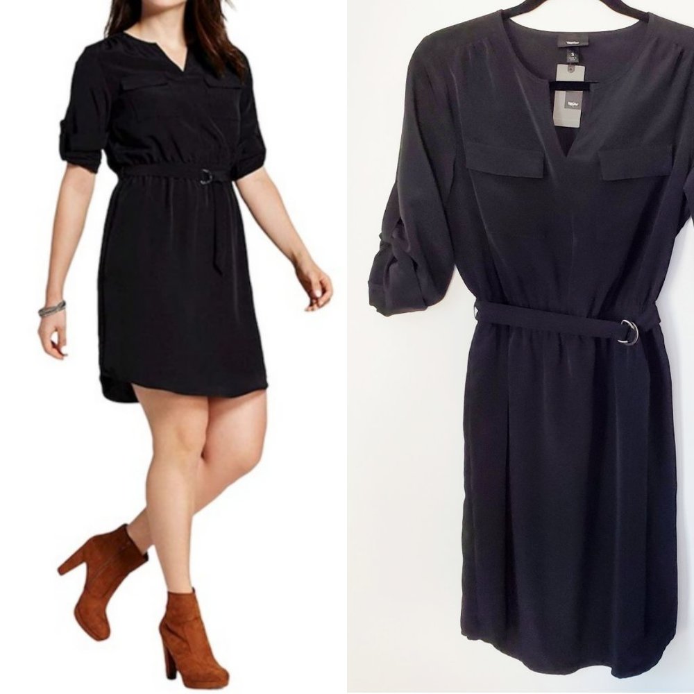 Mossimo V-neck Belted Shirt Dress, Black, S